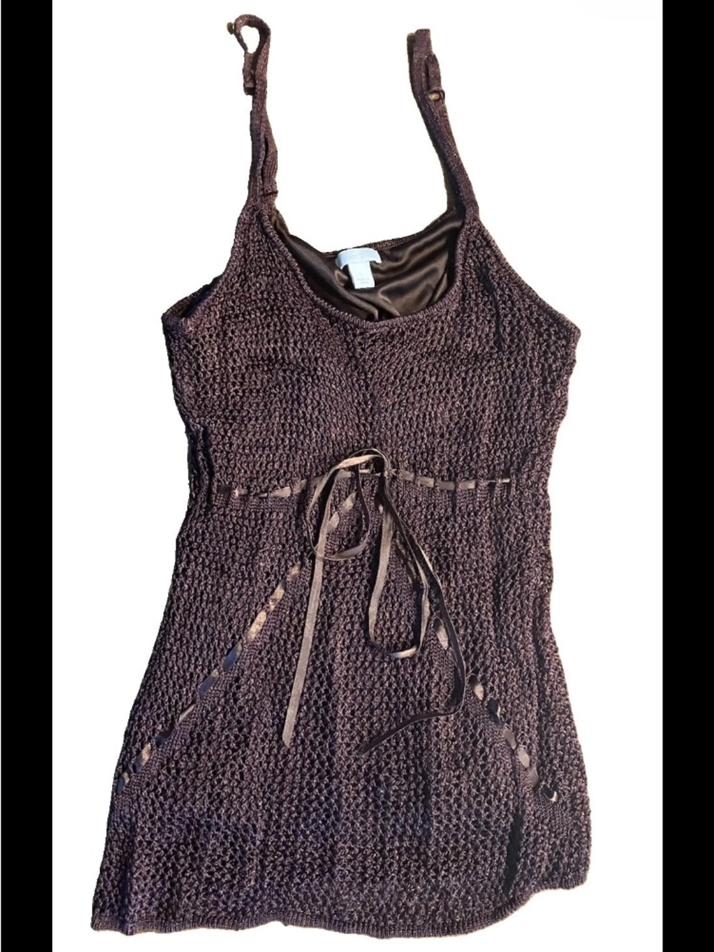 Brown Babydoll Boho Camisole Top Large Crochet Open Knit Ribbon Festival Y2K VTG